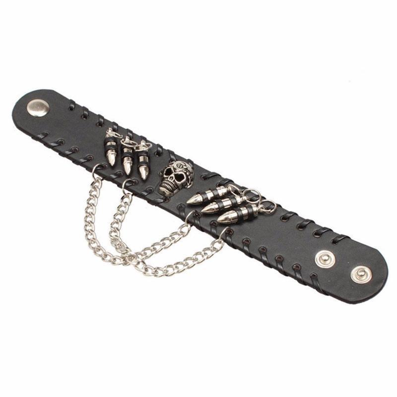 A Leather Skull Bracelet with metal skull embellishments and chain details.