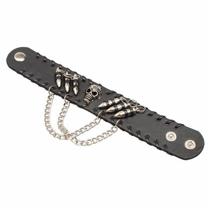 A Leather Skull Bracelet with metal skull embellishments and chain details.