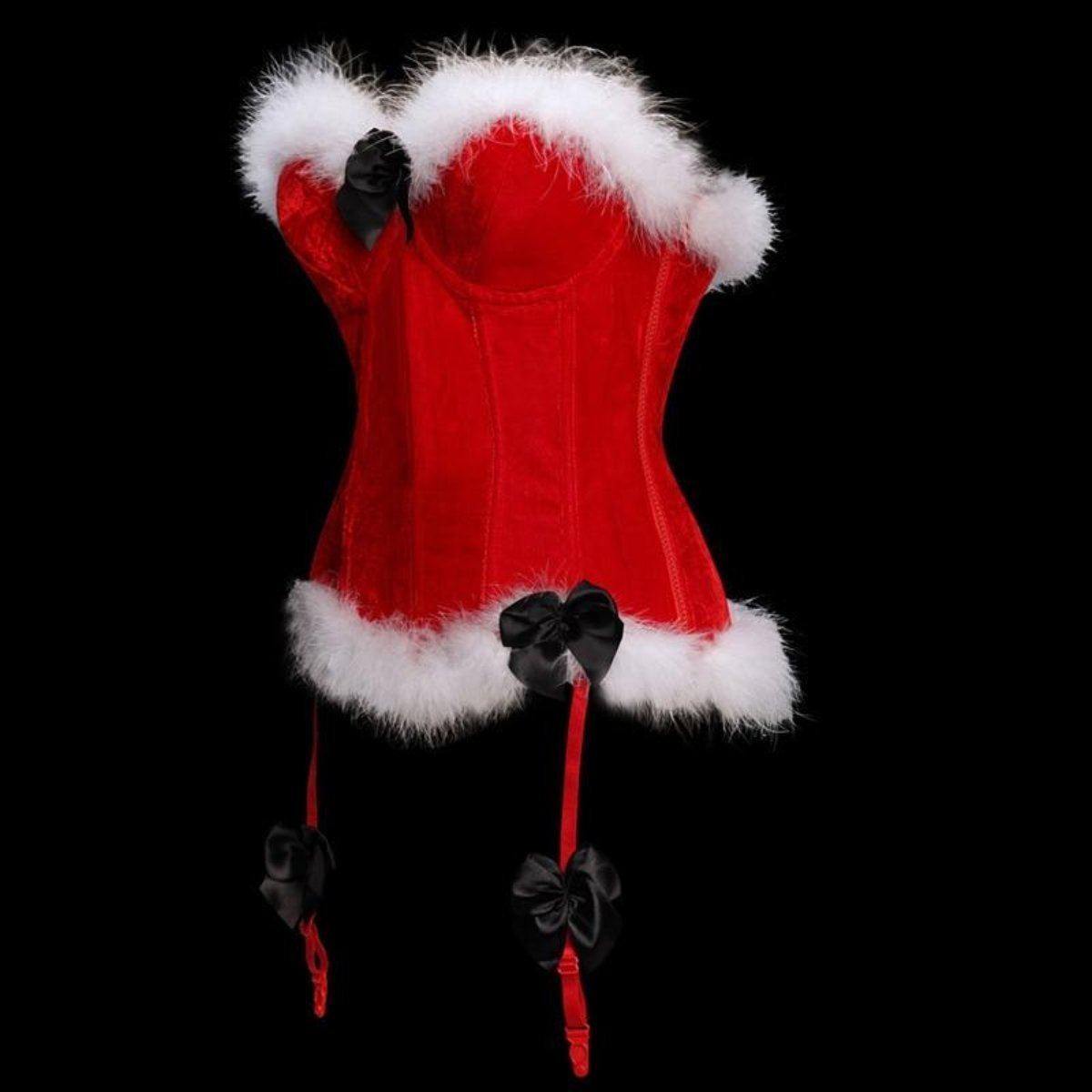 Women's Sexy Red Christmas Corset Overbust w/ White Artificial Fur Trim, Polyester - American Legend Rider