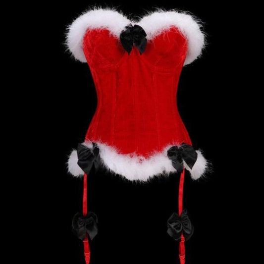 Women's Sexy Red Christmas Corset Overbust w/ White Artificial Fur Trim, Polyester - American Legend Rider