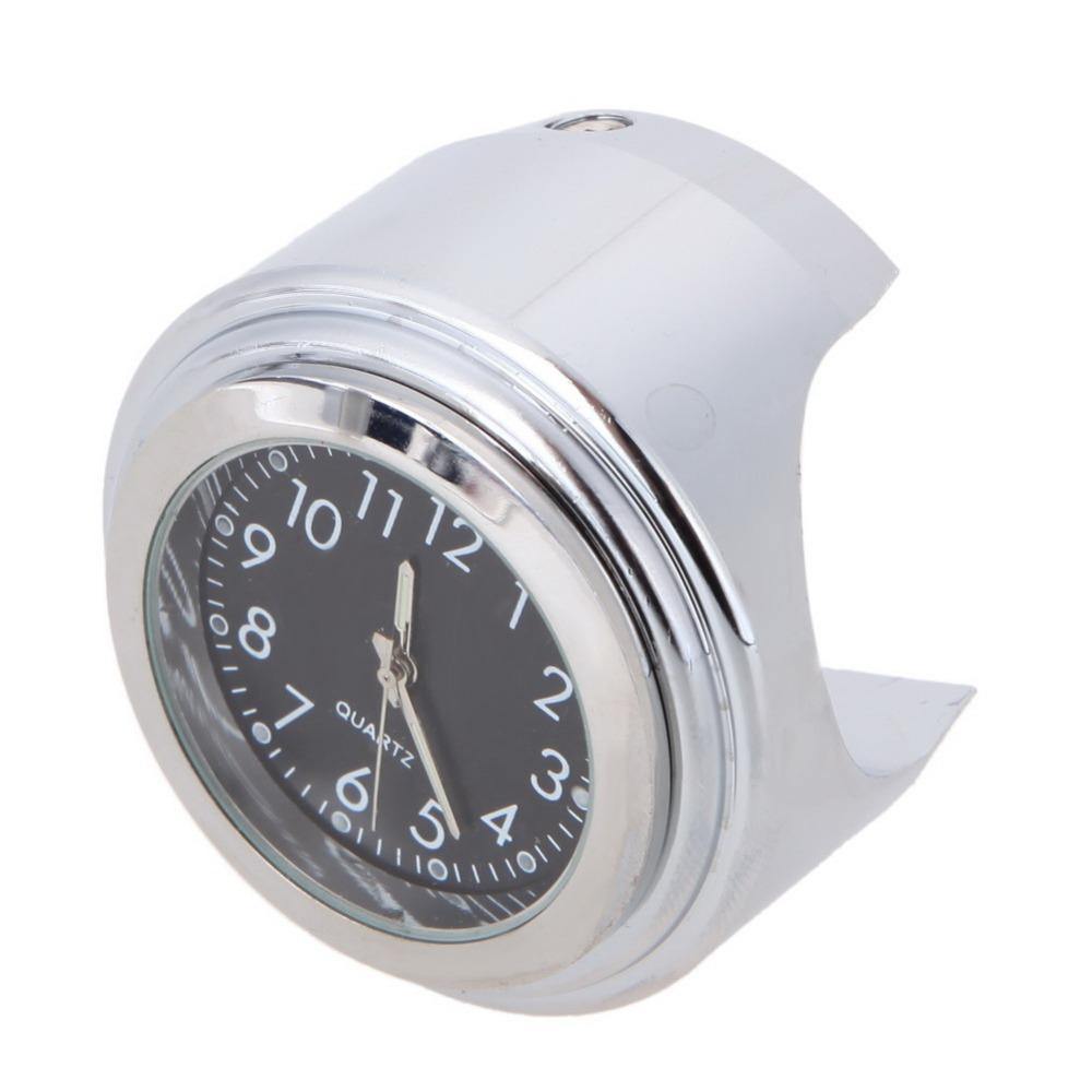 A Motorcycle Handlebar Clock with Motorcycle Phone Mount Bundle featuring a small, round quartz clock with a black face and white numbers on a durable premium-quality aluminum alloy bracket.