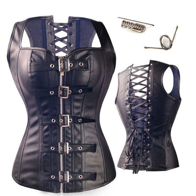 A Steel Boned Steampunk Corset Overbust with straps and buckles, perfect for steampunk cosplay.