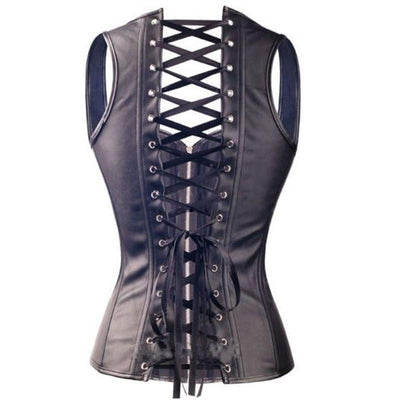 A women's black leather corset with Steel Boned Steampunk Corset Overbust laces, perfect for cosplay or steampunk-inspired outfits.