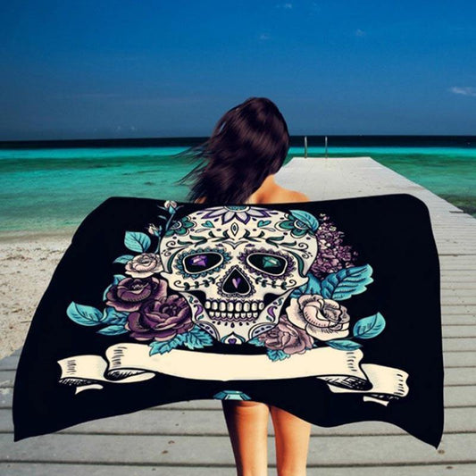Beach Mandala Skull Shawl, Polyester, 59 x 39.4 in, Black with Skull & Roses Print - American Legend Rider