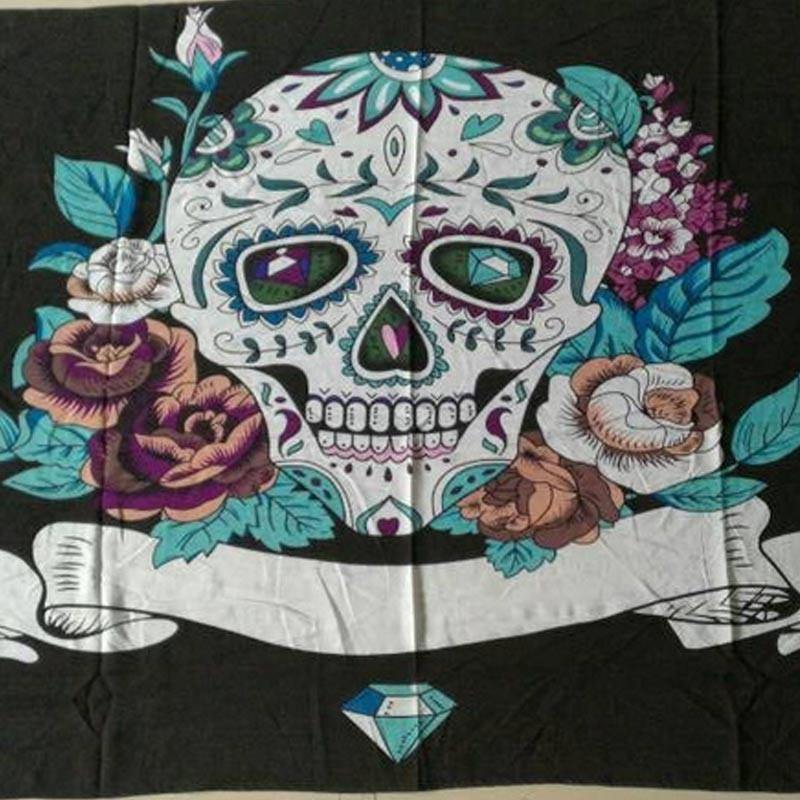 Beach Mandala Skull Shawl, Polyester, 59 x 39.4 in, Black with Skull & Roses Print - American Legend Rider