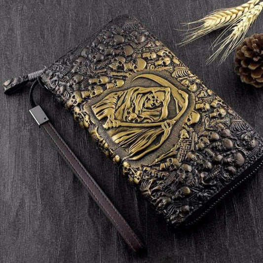 Handmade Grim Reaper Wallet Purse, Eco Leather, 8 x 4.3 in, Brown/Gold - American Legend Rider