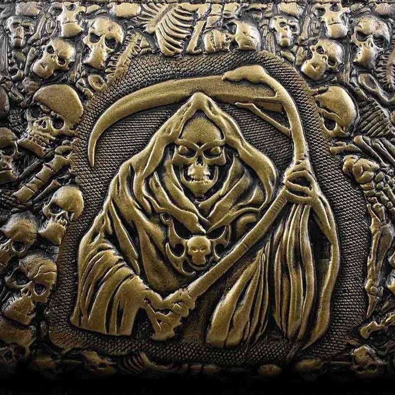 Handmade Grim Reaper Wallet Purse, Eco Leather, 8 x 4.3 in, Brown/Gold - American Legend Rider