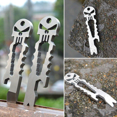 Two pictures of a Skull Survival Tool Keyring.