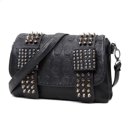 Vintage Skull Studded Rivet Shoulder Bag w/ Free Skull Wallet, Eco-Leather, Black - American Legend Rider