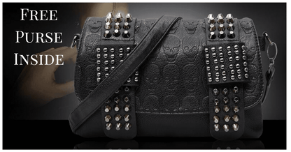 Vintage Skull Studded Rivet Shoulder Bag w/ Free Skull Wallet, Eco-Leather, Black - American Legend Rider