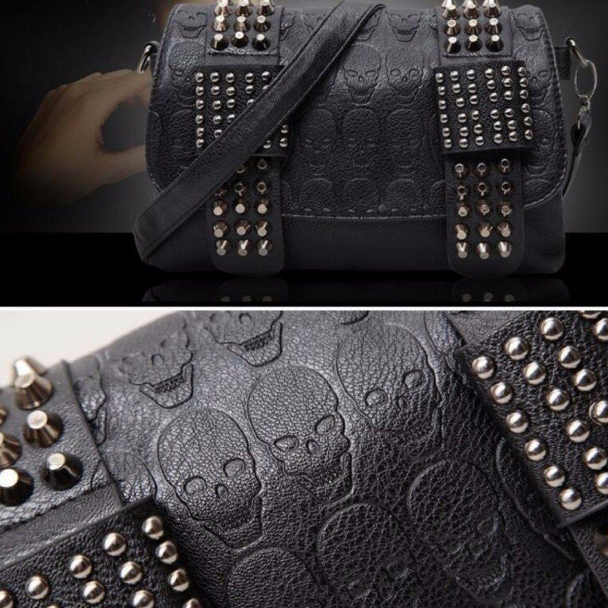 Vintage Skull Studded Rivet Shoulder Bag w/ Free Skull Wallet, Eco-Leather, Black - American Legend Rider