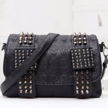 Vintage Skull Studded Rivet Shoulder Bag w/ Free Skull Wallet, Eco-Leather, Black - American Legend Rider