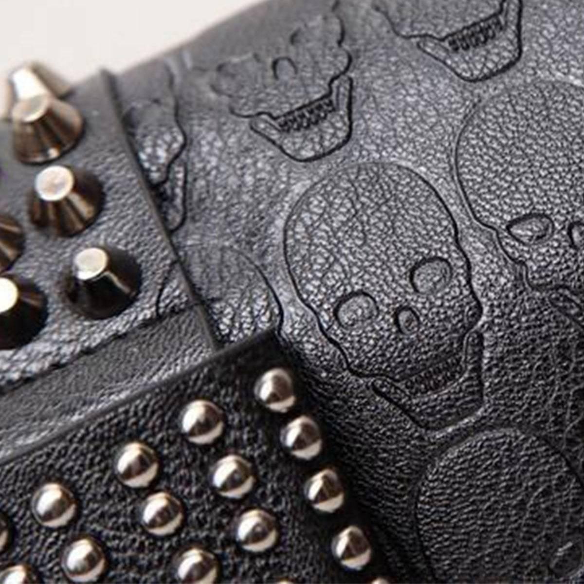 Vintage Skull Studded Rivet Shoulder Bag w/ Free Skull Wallet, Eco-Leather, Black - American Legend Rider