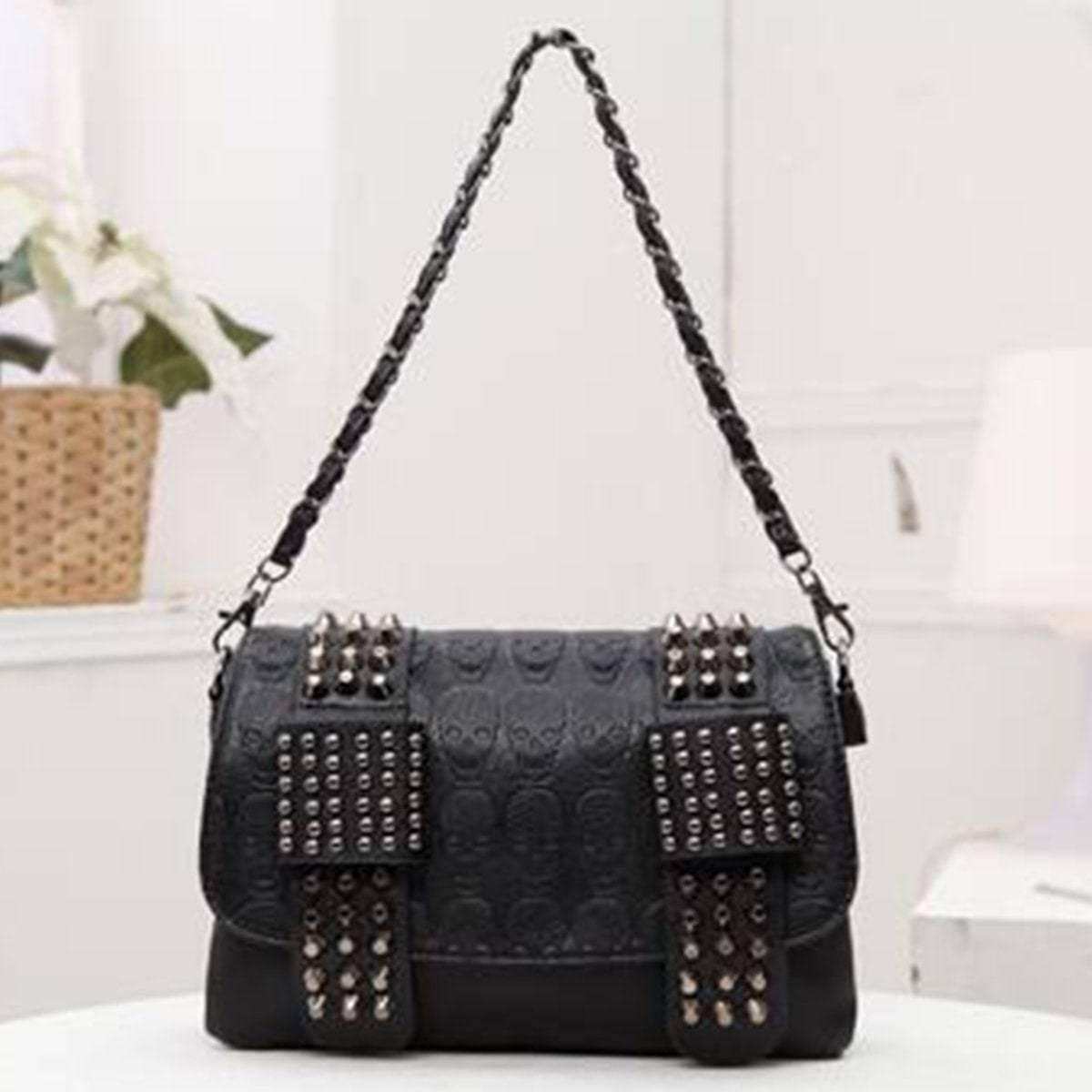 Vintage Skull Studded Rivet Shoulder Bag w/ Free Skull Wallet, Eco-Leather, Black - American Legend Rider