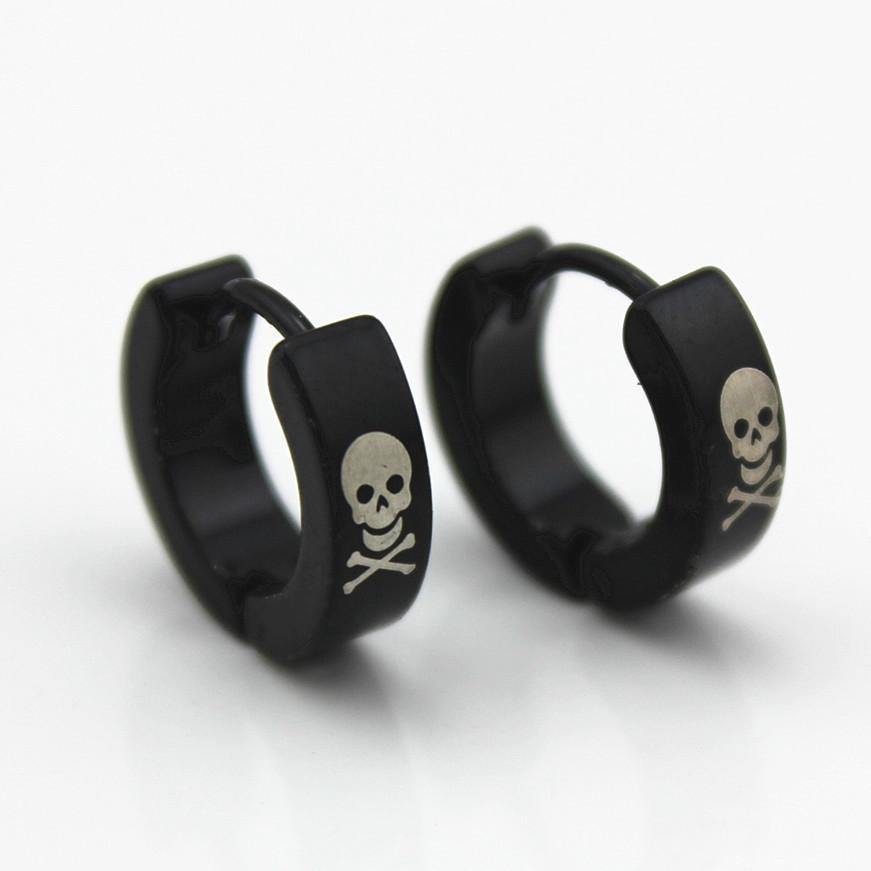 Metal Hoop Earrings w/Skulls & Crossbones, 1.9 x 0.6 in, Black/White - American Legend Rider