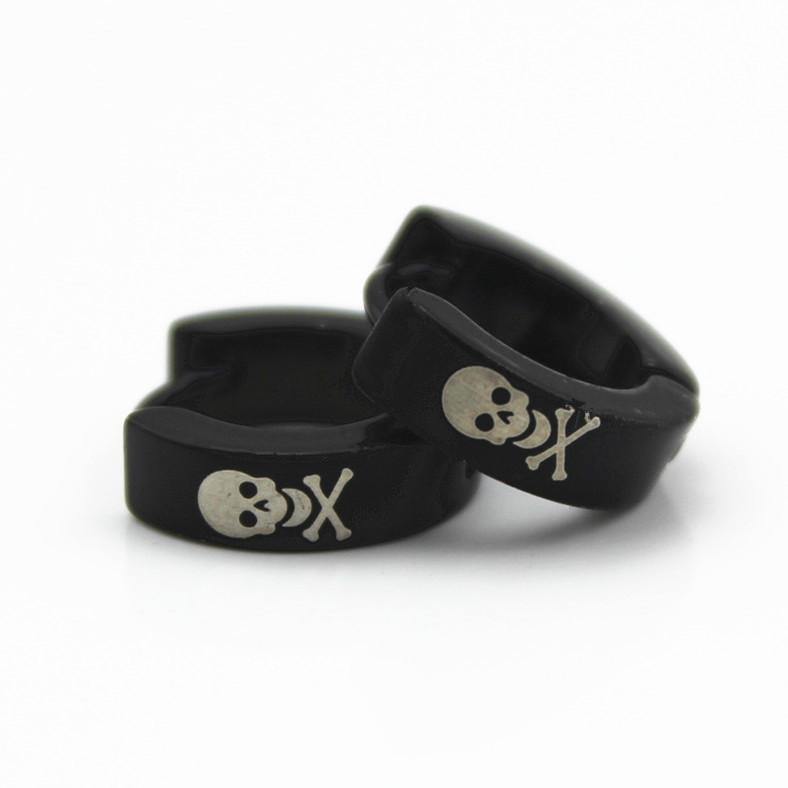 Metal Hoop Earrings w/Skulls & Crossbones, 1.9 x 0.6 in, Black/White - American Legend Rider