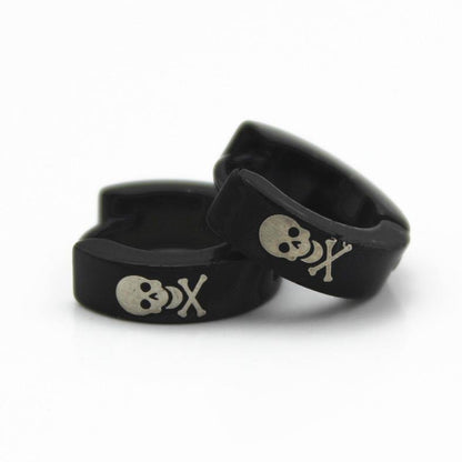Metal Hoop Earrings w/Skulls & Crossbones, 1.9 x 0.6 in, Black/White - American Legend Rider