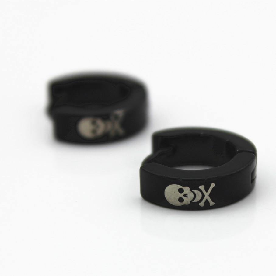 Metal Hoop Earrings w/Skulls & Crossbones, 1.9 x 0.6 in, Black/White - American Legend Rider