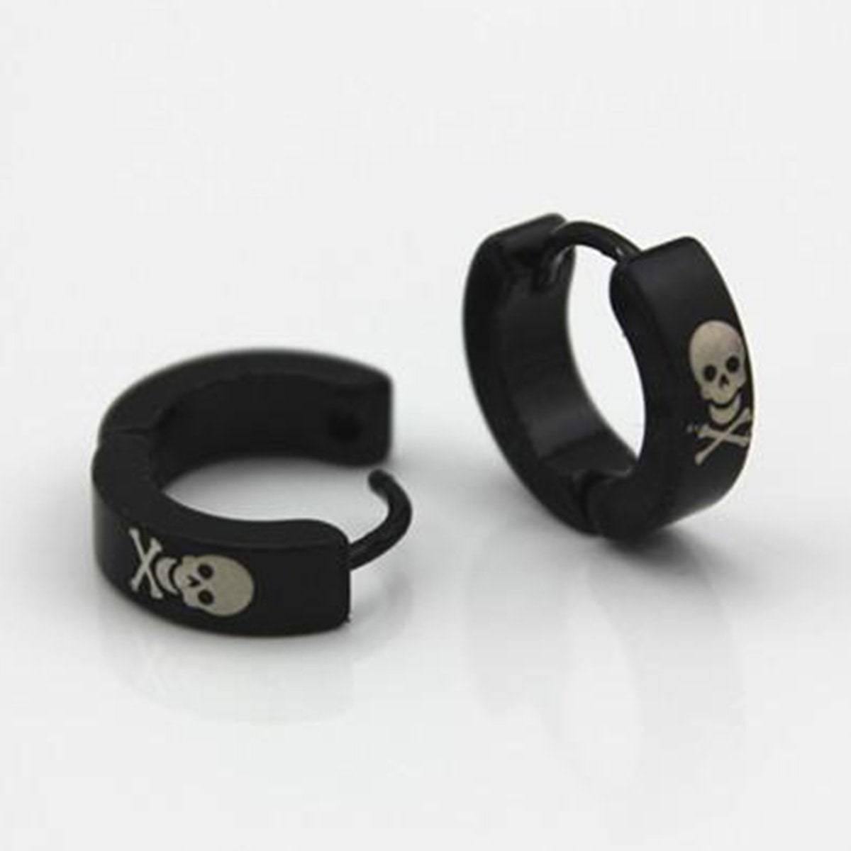 Metal Hoop Earrings w/Skulls & Crossbones, 1.9 x 0.6 in, Black/White - American Legend Rider