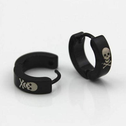 Metal Hoop Earrings w/Skulls & Crossbones, 1.9 x 0.6 in, Black/White - American Legend Rider