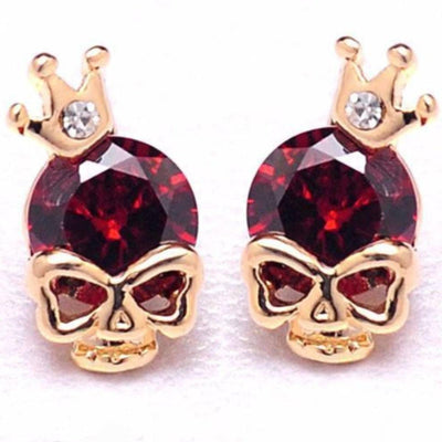 A pair of Woman's Gold Plated Skull Cubic Zircon stud earrings with red crystals, push back, blue, green zircon.