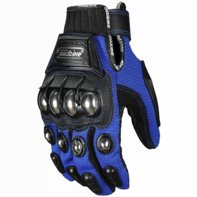 A pair of blue motorcycle gloves from the Rider's Rebel Essentials Bundle: Leg Bag, Gloves, and Sunglasses. These gloves are made from durable and lightweight canvas for maximum comfort and protection.