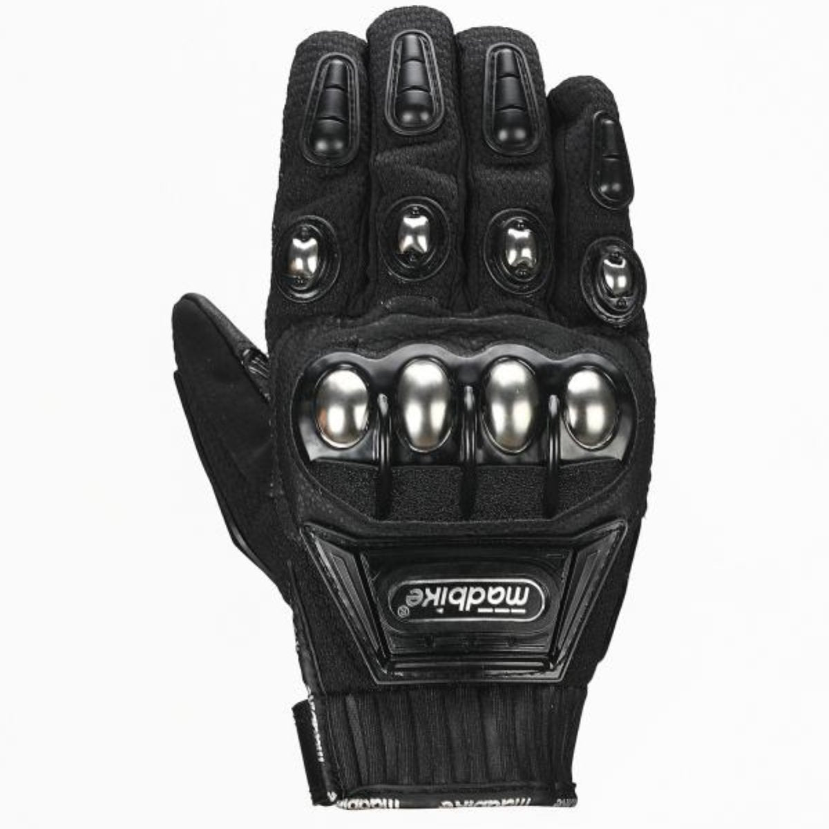 Madbike, full protection, black motorcycle gloves with silver buttons.
