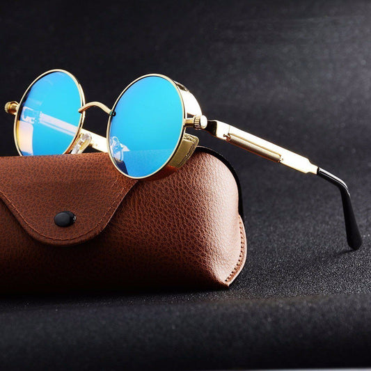A pair of Rebel Sunglasses with blue lenses and a brown case.
