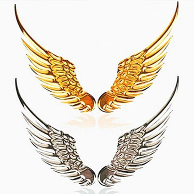 A pair of 3D Metal Angel Wing Car Styling Decal Stickers on a white background.
