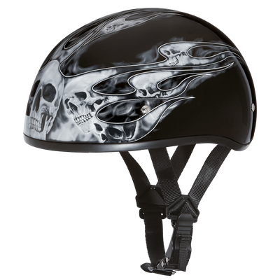 Daytona D.O.T. Silver Skull & Flames Skull Cap Half Helmet, Black - American Legend Rider