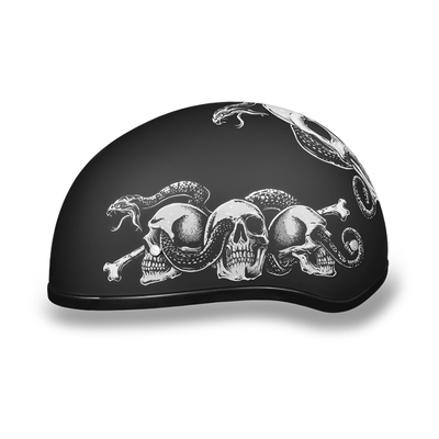 Daytona D.O.T. Motorcycle Skull Cap Half Helmet w/ Snake Skulls, Black/White - American Legend Rider