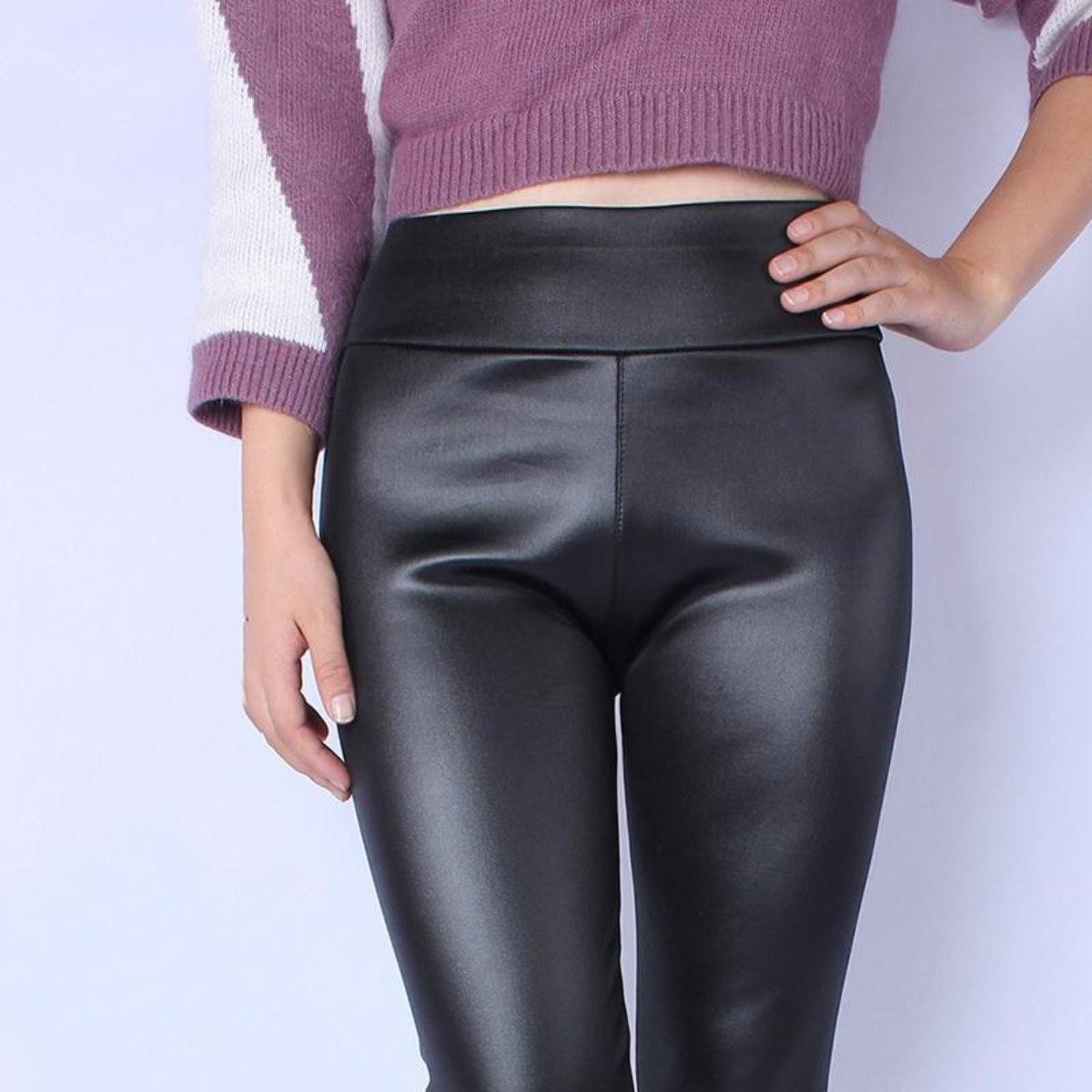 Women's Faux Leather Skinny Pants, High Waist, Faux Leather/Modal/Spandex, XL-5XL, Black - American Legend Rider