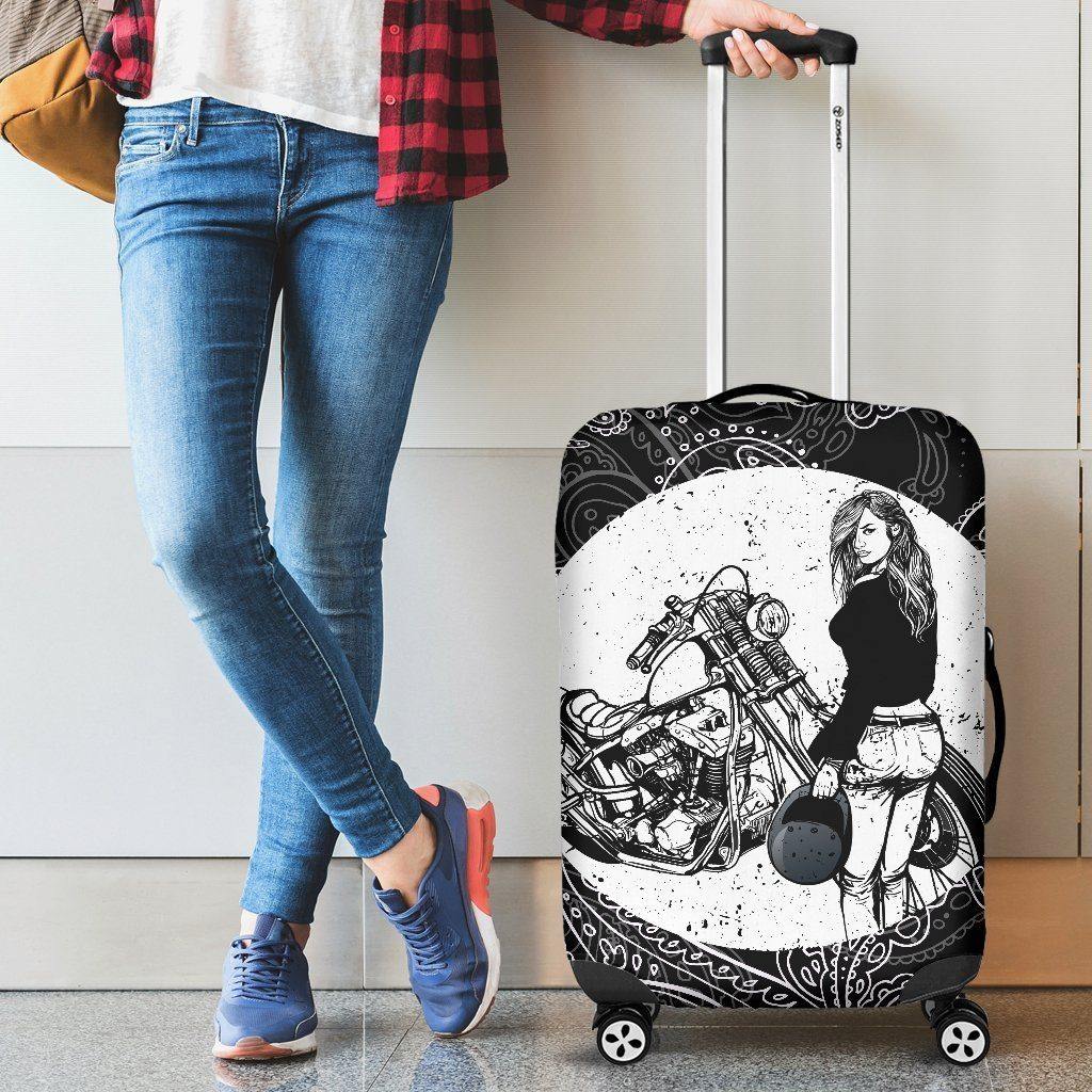 Girl Biker Elastic Washable Luggage Cover Suitcase Protector,  Polyester/Spandex, Black/White