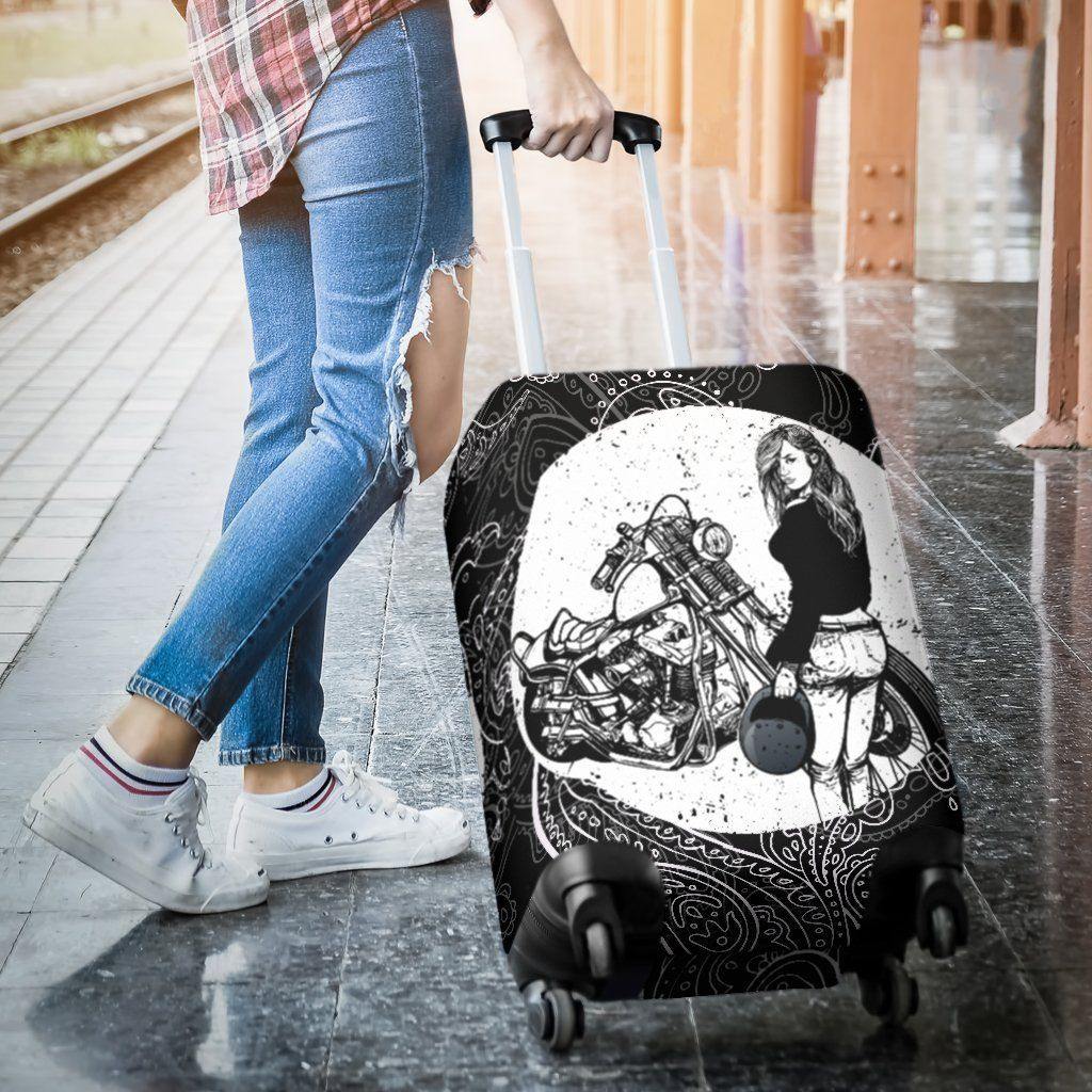 Girl Biker Elastic Washable Luggage Cover Suitcase Protector,  Polyester/Spandex, Black/White