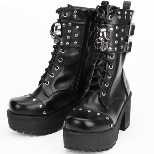 Heeled Gothic Skull Lace-Up Boots w/ Rivets, PU Leather, Black - American Legend Rider