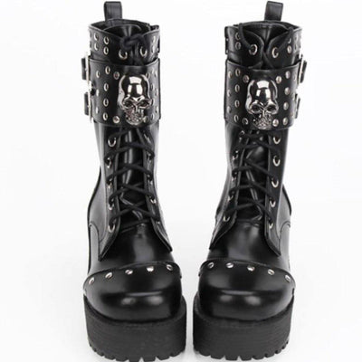 Heeled Gothic Skull Lace-Up Boots w/ Rivets, PU Leather, Black - American Legend Rider