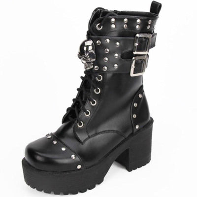 Heeled Gothic Skull Lace-Up Boots w/ Rivets, PU Leather, Black - American Legend Rider