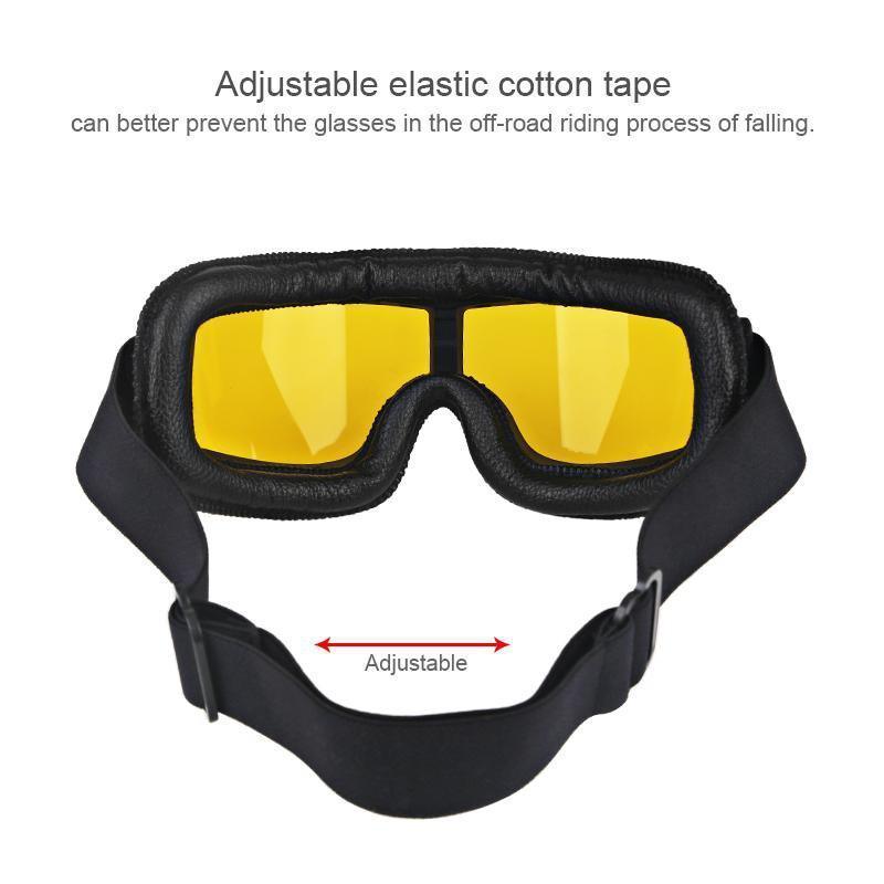 Vintage Aviator Motorcycle Goggles w/ Adjustable Strap, One Size, Black ABS Frame, Yellow Lens - American Legend Rider