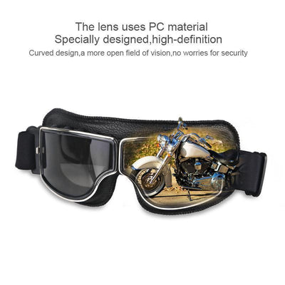 Vintage Aviator Motorcycle Goggles w/ Adjustable Strap, One Size, Black ABS Frame, Silver Lens - American Legend Rider