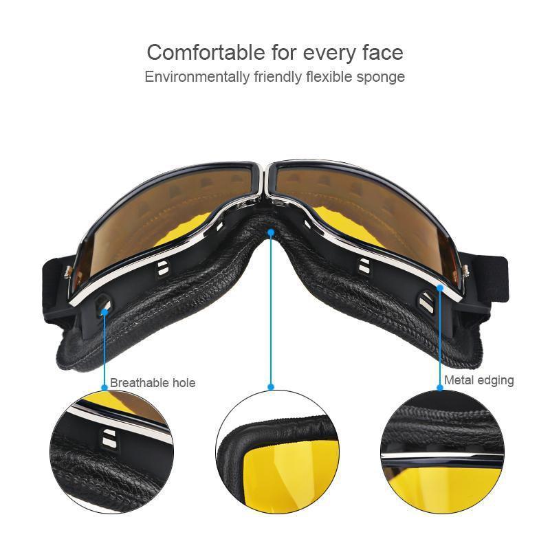 Vintage Aviator Motorcycle Goggles w/ Adjustable Strap, One Size, Black ABS Frame, Yellow Lens - American Legend Rider