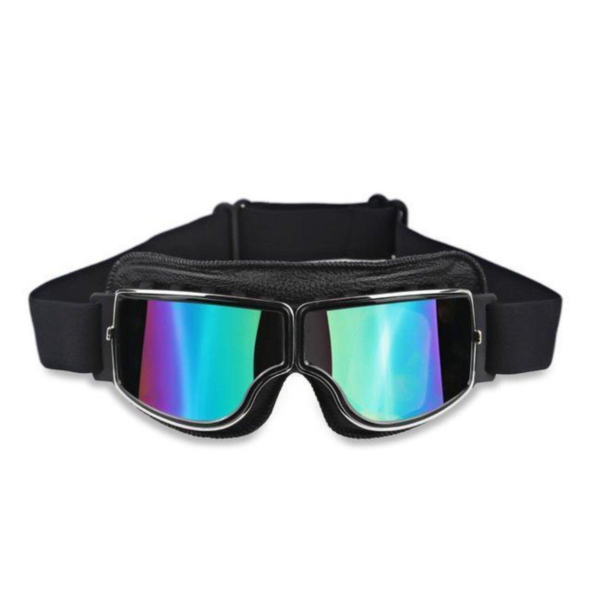 Vintage Aviator Motorcycle Goggles w/ Adjustable Strap, One Size, Black ABS Frame, Colorful Lens - American Legend Rider