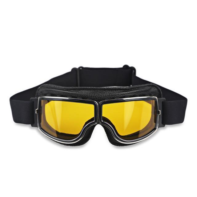 Vintage Aviator Motorcycle Goggles w/ Adjustable Strap, One Size, Black ABS Frame, Yellow Lens - American Legend Rider