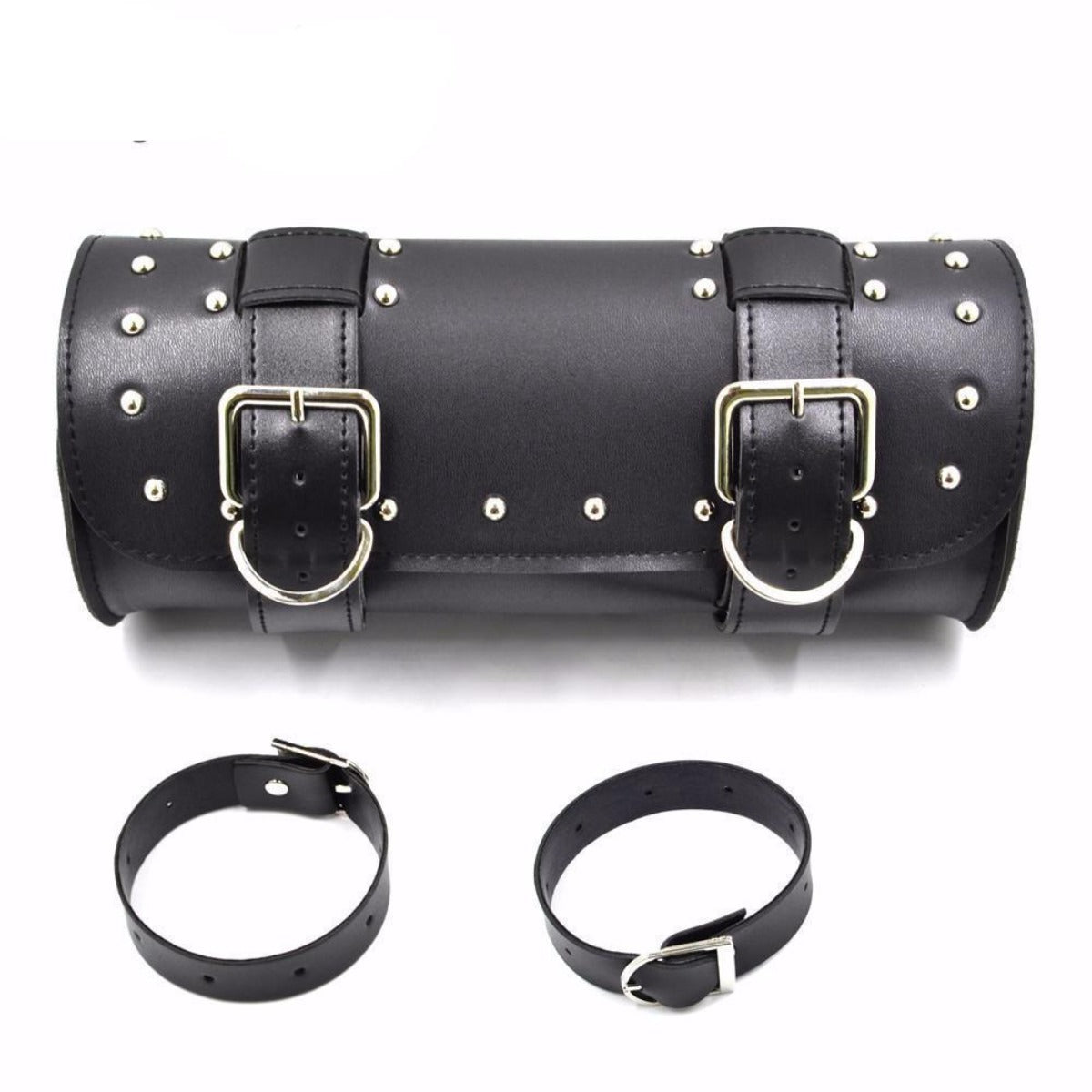 A black Motorcycle Leather Duffle Roll Bag with buckles and cuffs, perfect for motorcycle enthusiasts or as a Harley-Davidson luggage bag.