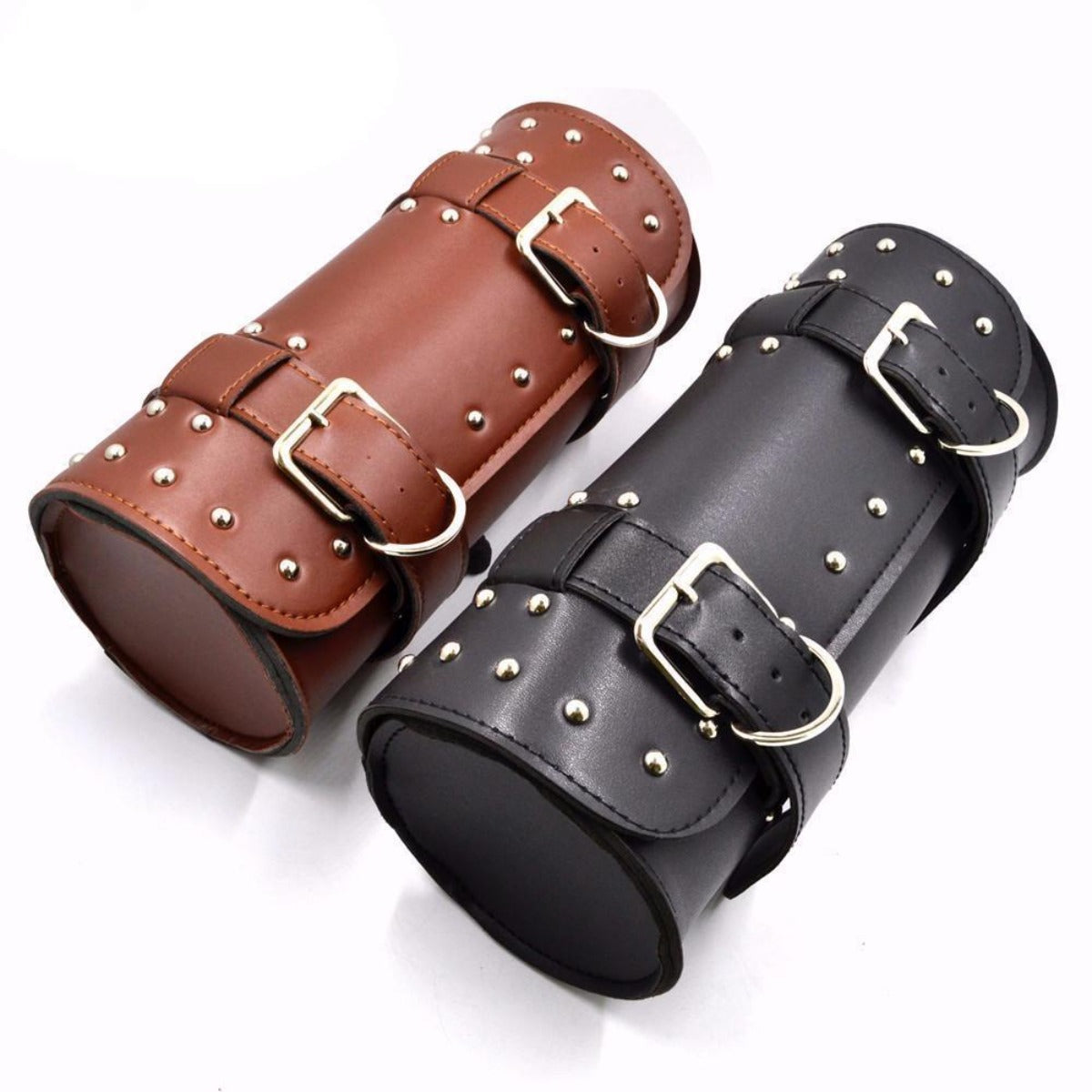 Brown and black leather duffle roll bag for motorcycles.