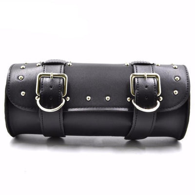 A black leather Motorcycle Leather Duffle Roll Bag with two buckles.