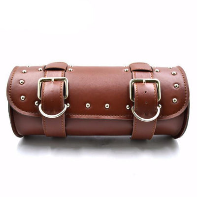 A brown Motorcycle Leather Duffle Roll Bag with two buckles, perfect for motorcycle enthusiasts and Harley-Davidson riders.