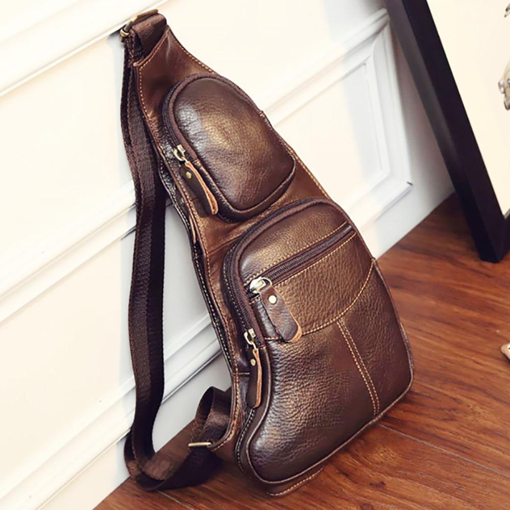 A genuine Leather Sling Chest Bag hanging on a wall.