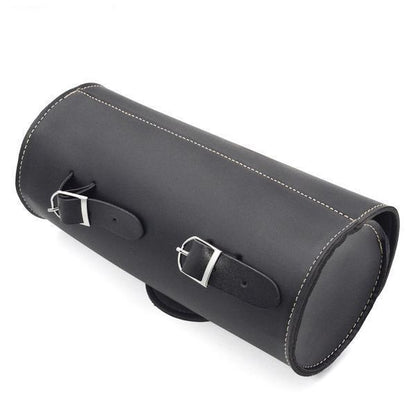 Leather Round Saddle Bag with buckle closures on a white background.