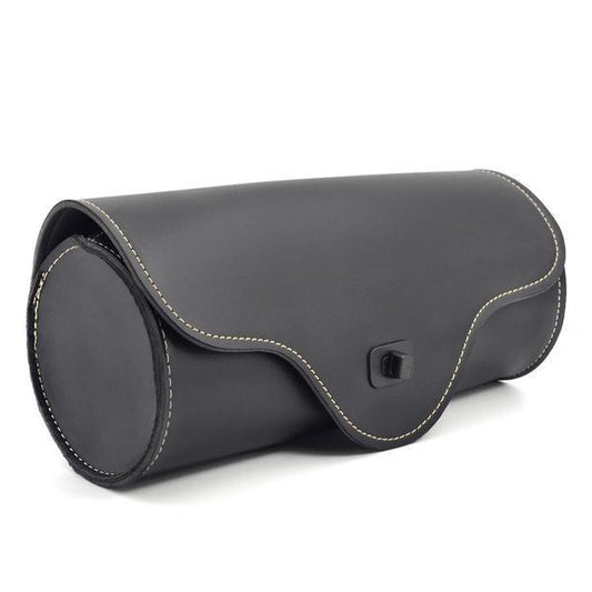 Black skull-shaped round saddle bag for a motorcycle.