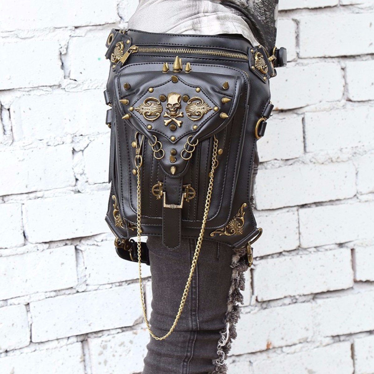 Steampunk-inspired skull bag with intricate metal details.